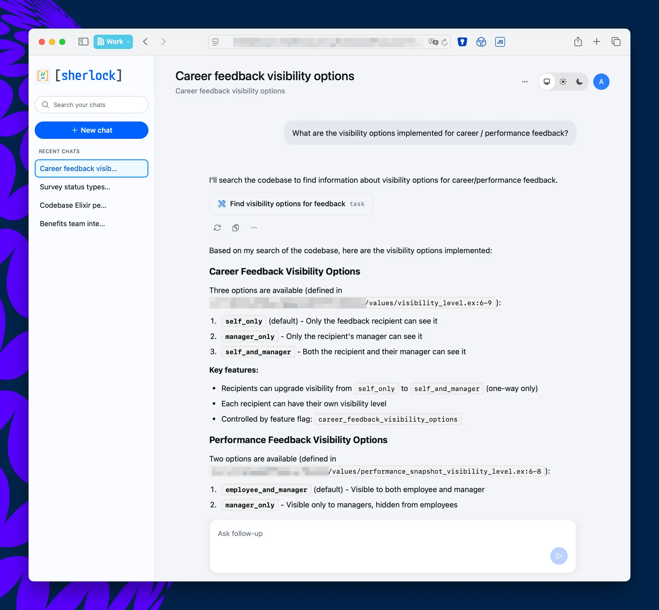 Sherlock answering a question about feedback visibility options